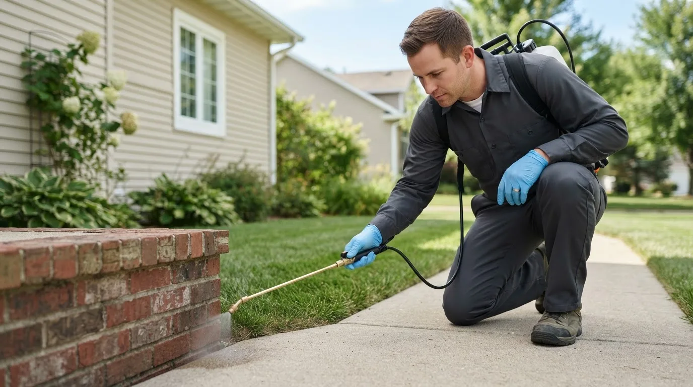Pest control technician treating a home near Cotter, AR